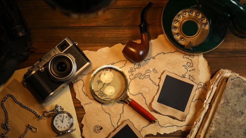 A collection of various vintage items placed on a table.