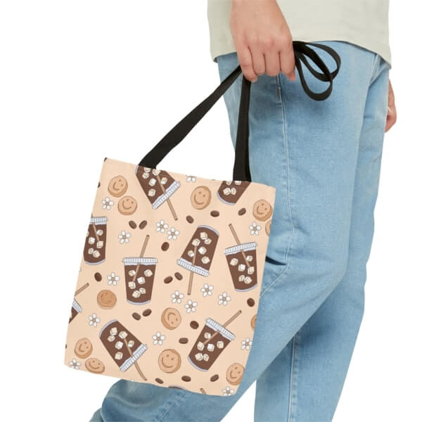An all-over-print tote bag with a coffee illustration print to sell as a high-profit margin product.
