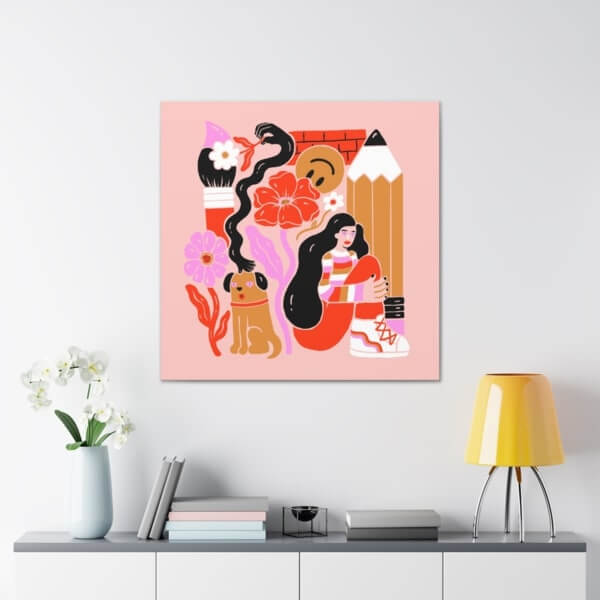 A custom canvas gallery wrap with an abstract illustration print.