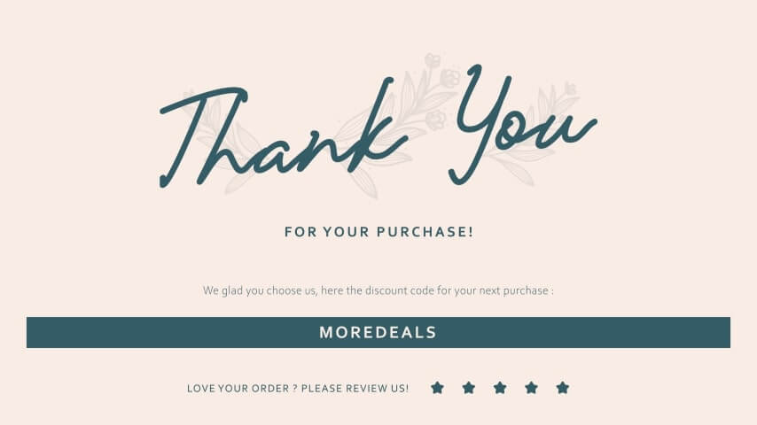 A branding insert thanking the customer and providing a discount code for their next purchase.