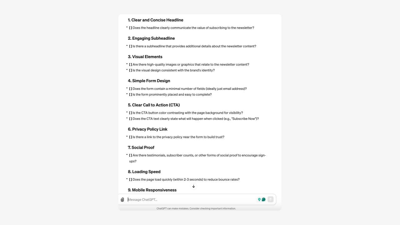 A UI checklist generated by ChatGPT.
