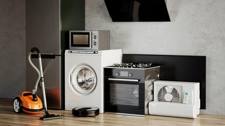 A set of home and kitchen appliances, including a vacuum cleaner, microwave, washing machine, and others.