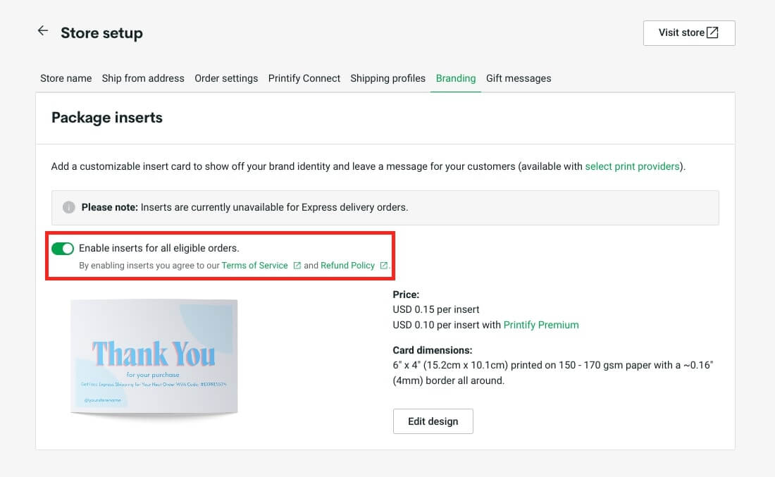 Printify's Store setup section under the “Branding” tab for enabling Package inserts.