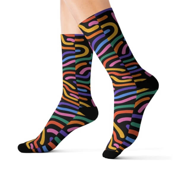 Custom socks with a colorful print pattern.