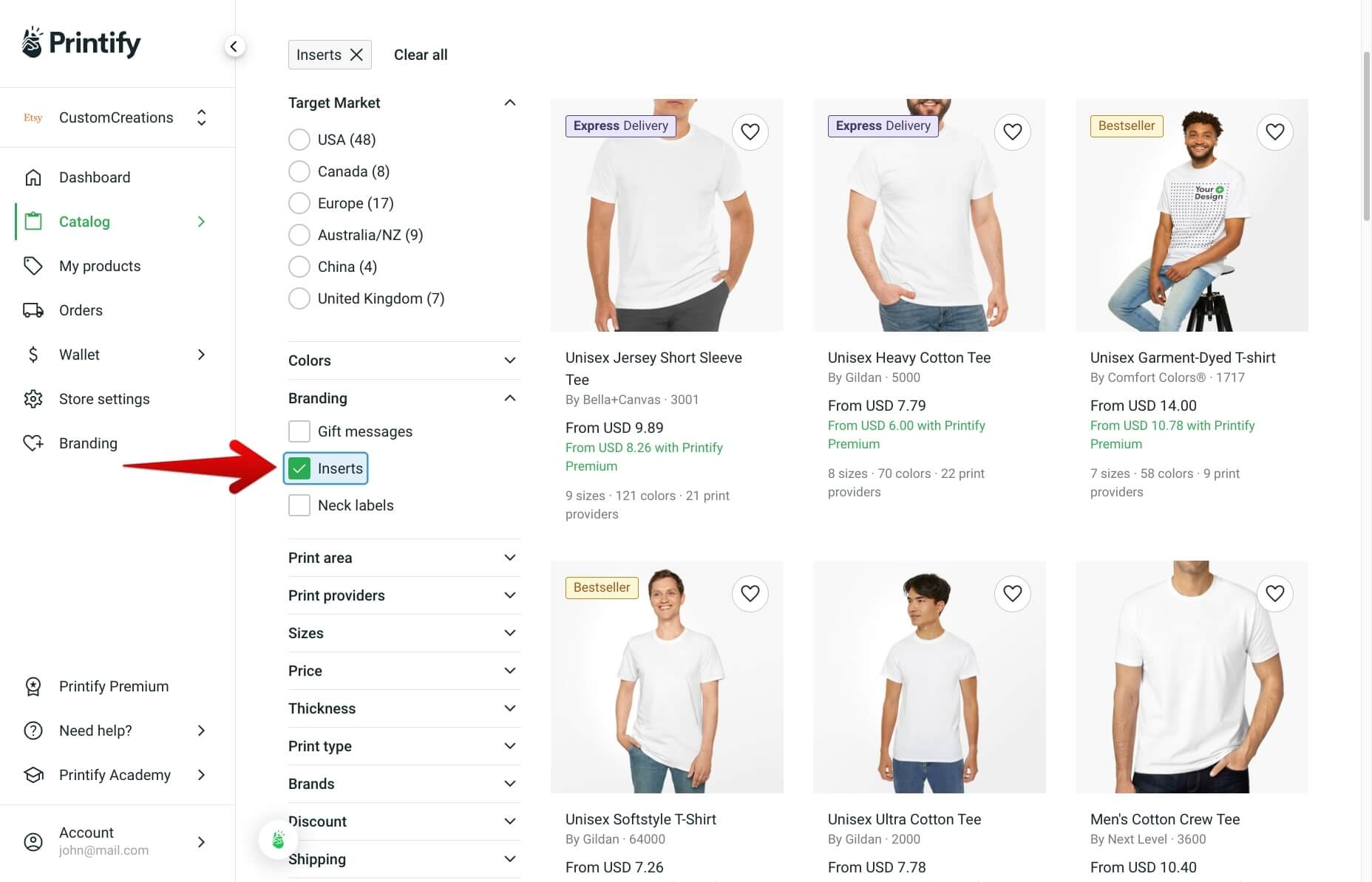Left sidebar of Printify's Product Catalog, with the “Inserts” box checked under the Branding dropdown section.
