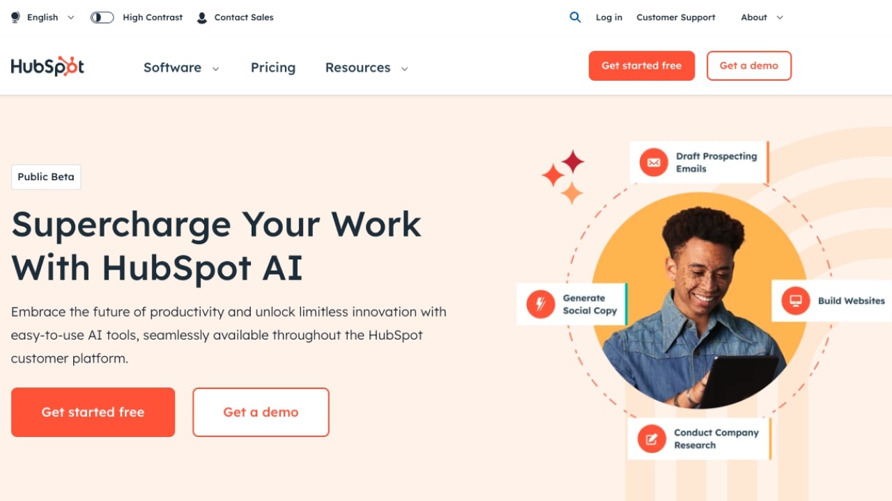 HubSpot AI homepage promoting AI features for emails, company research, website building, and more.