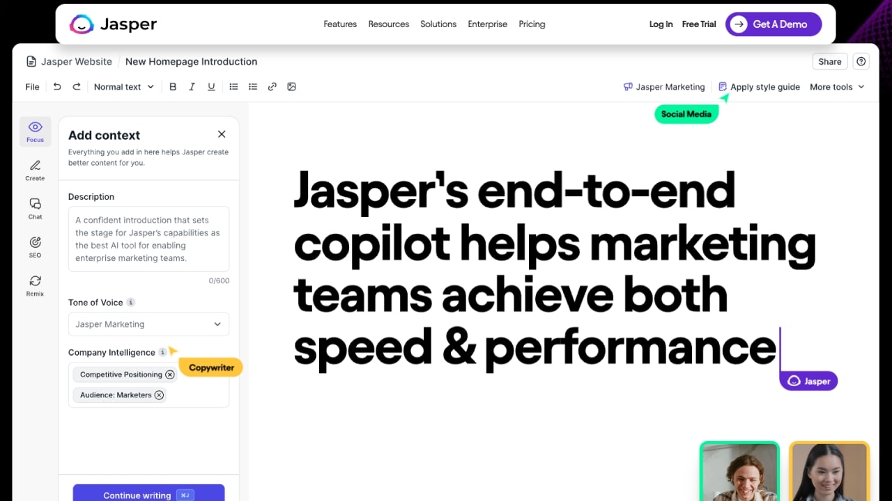Jasper AI homepage promoting its AI content creation features.