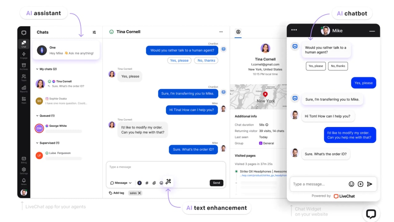 LiveChat homepage showing how its AI assistant works.
