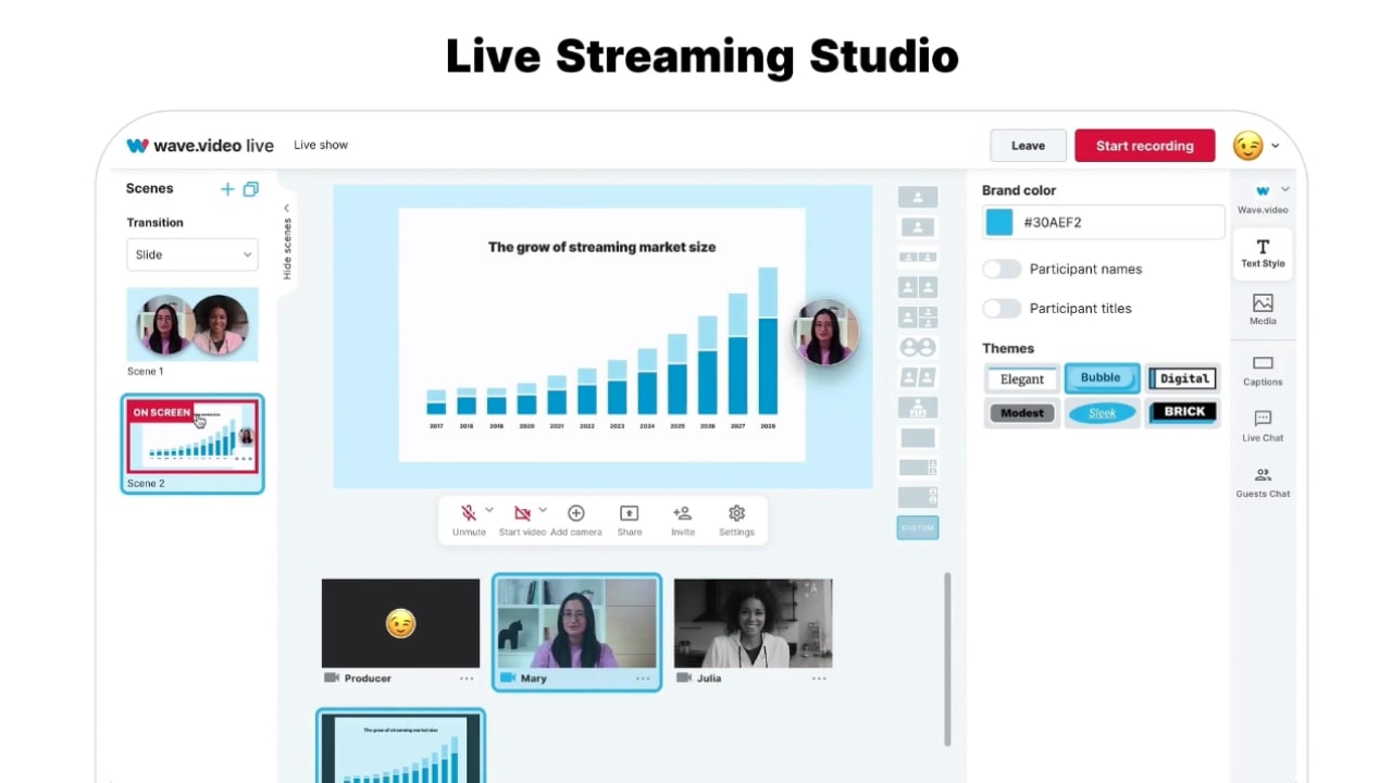 Wave Video homepage showcasing its Live Streaming Studio.