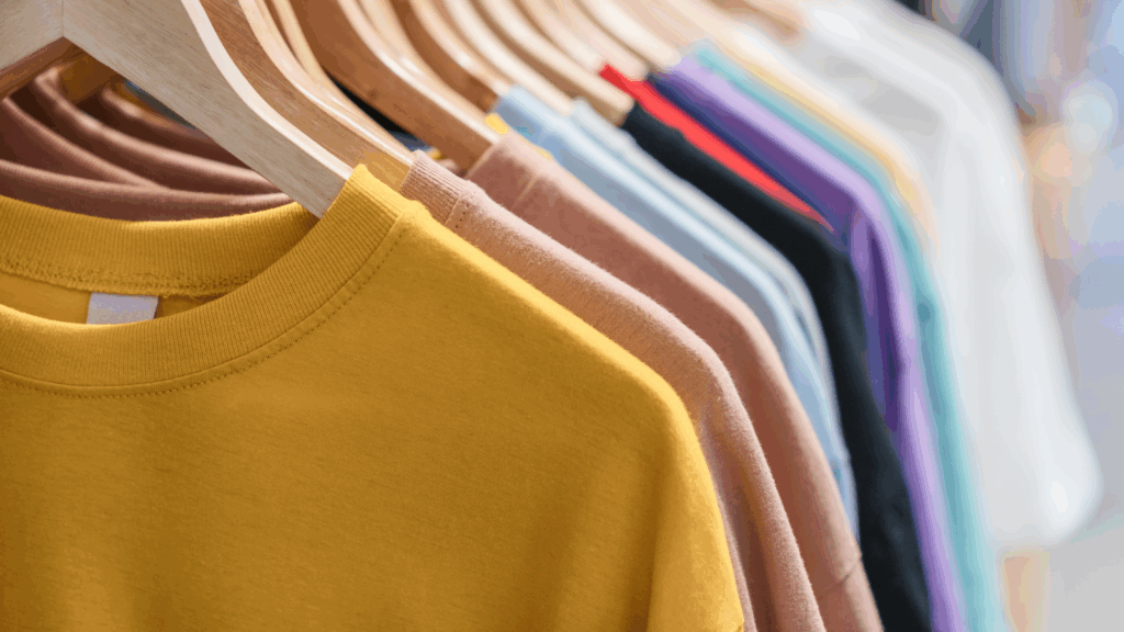 T shirt blends and their ratios Different-color t-shirts on hangers.