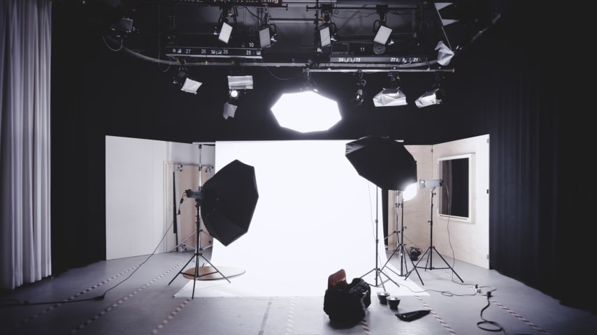 A well-lit professional photo studio set.