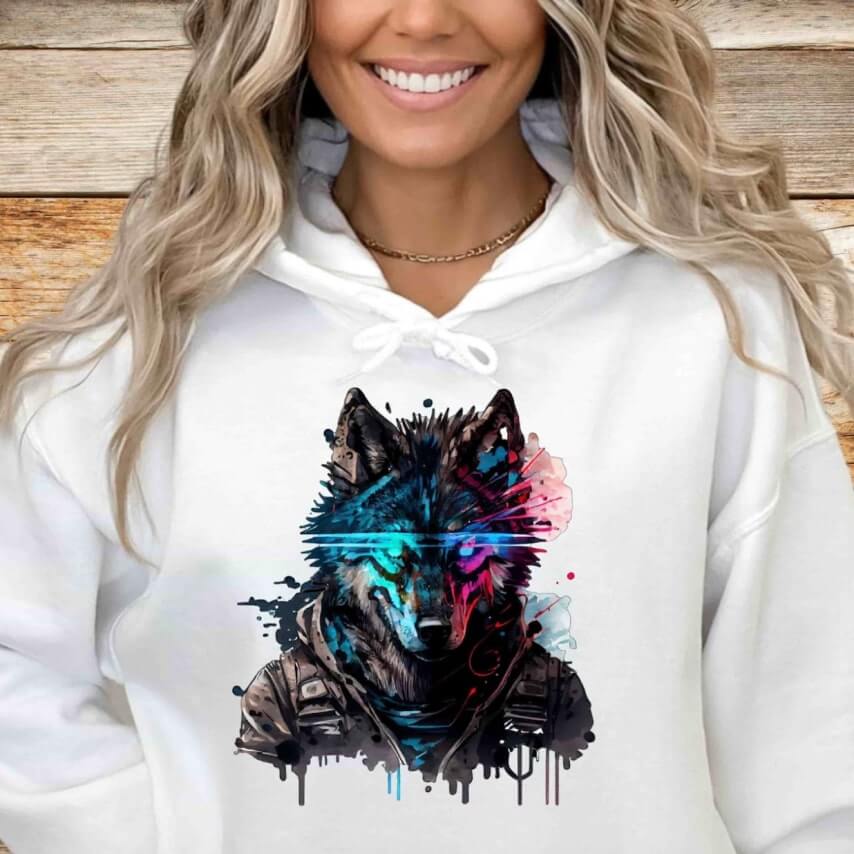A white hoodie with a colorful wolf design in the cyberpunk style.