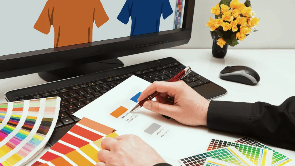 A person is using a computer and deciding on a t-shirt color.