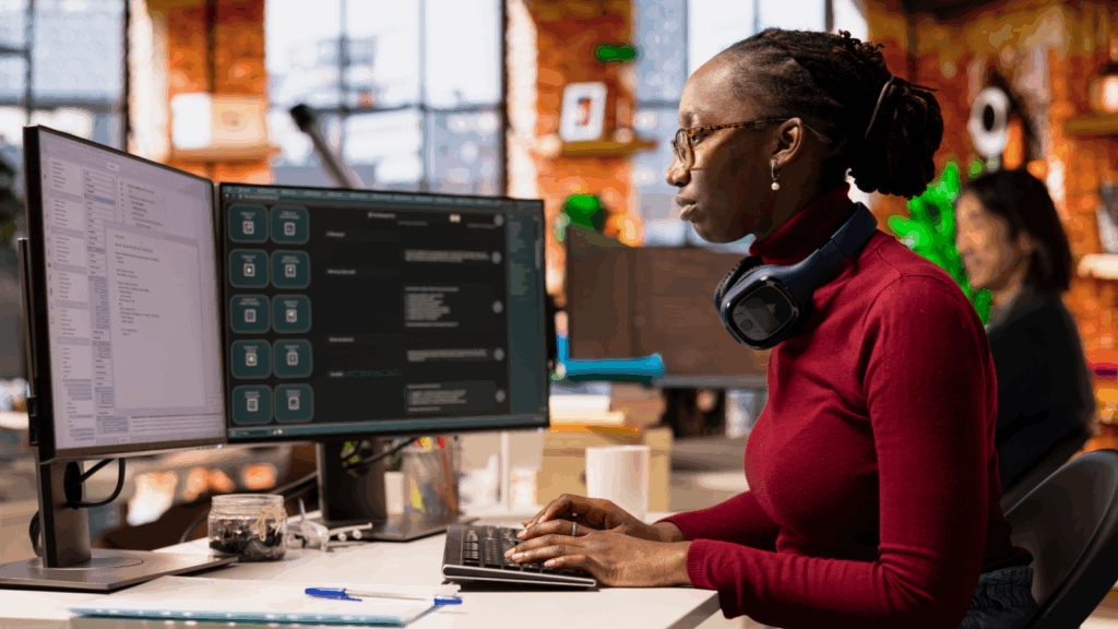 A woman is coding an app.