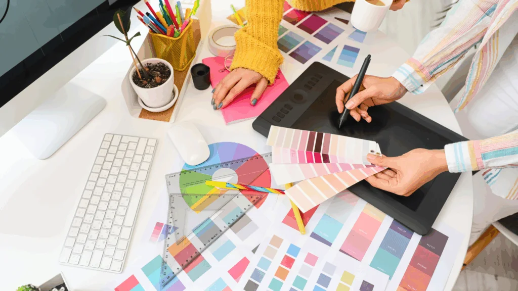 A woman examines a color palette while seated at a desk, surrounded by art supplies and creative materials.
