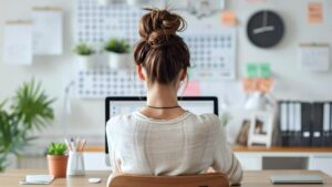 A woman looking for affiliate marketing content ideas on her computer.