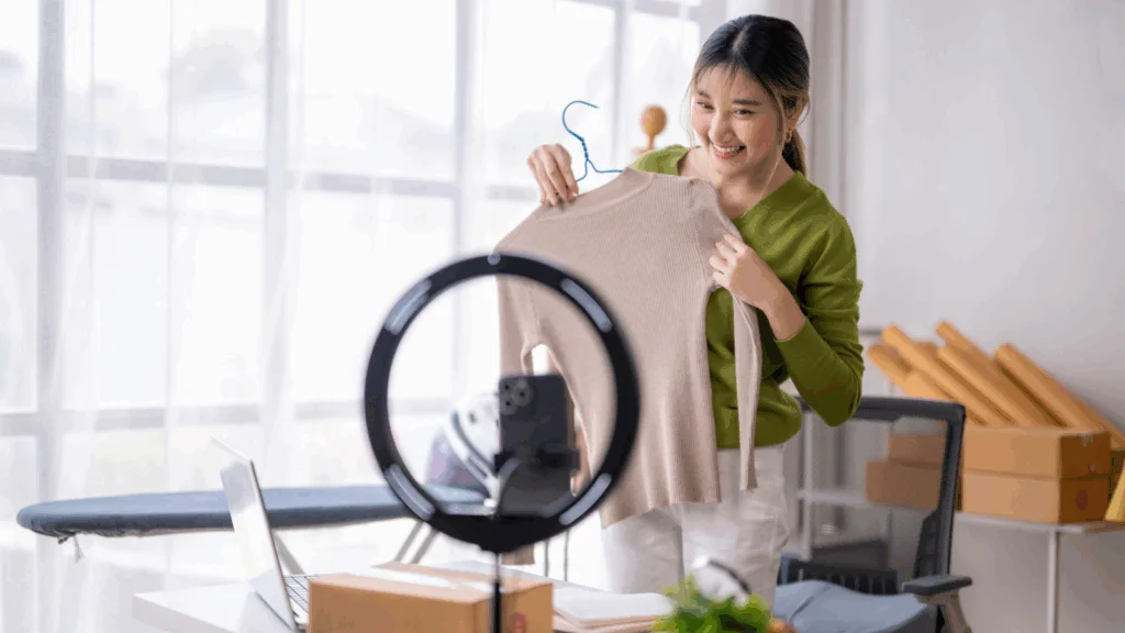 A woman holding a shirt while looking at her reflection in a mirror.