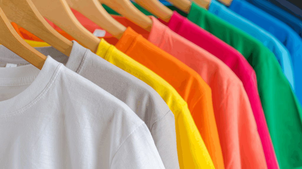 A row of colorful t-shirts displayed on hangers, showcasing a variety of vibrant colors and styles.