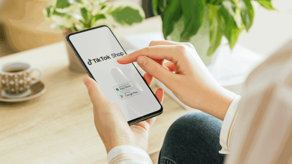 Woman holding a smartphone displaying an app interface, focused on the screen while sitting in a casual setting.