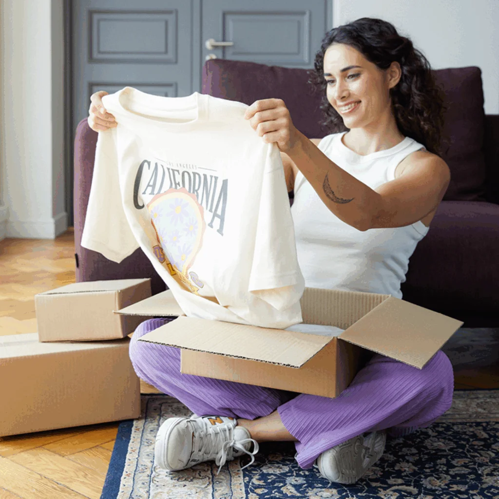 A smiling young woman is holding a “California” t-shirt that she just took out of a delivery box.