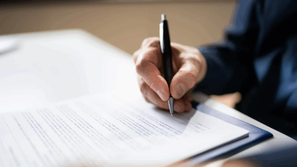 A man signing a contract with a pen on a desk, focused on the document in front of him.