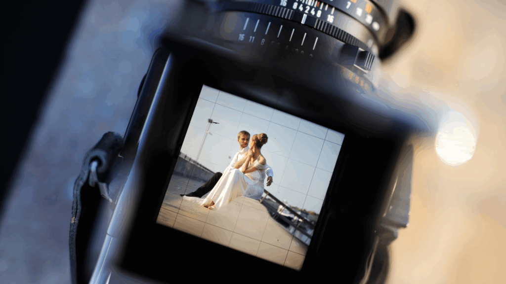 Wedding photography business A close-up shot of a camera’s screen with a wedding photograph.