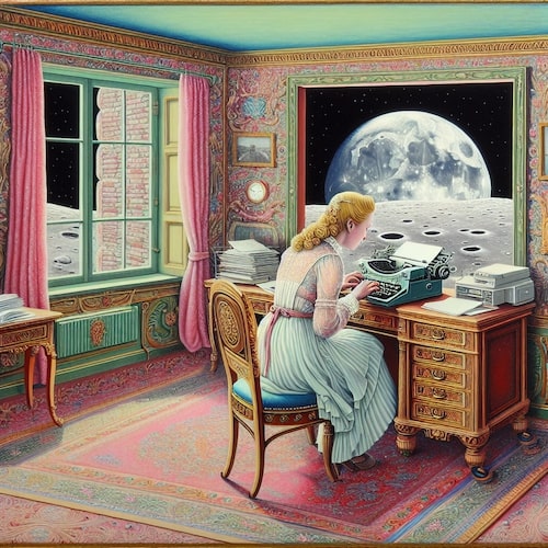 A woman using a typewriter in an office on the moon. Oil painting Renaissance art pastel colors Introducing Printify’s AI Image Generator 11