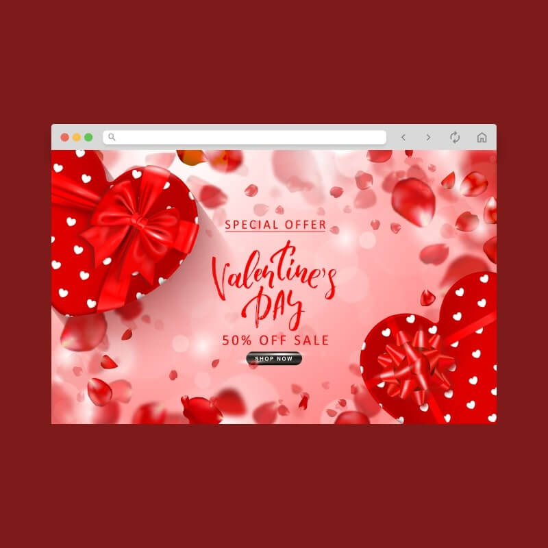 Screenshot of a webpage displaying a Valentine’s Day special offer with a 50% discount.
