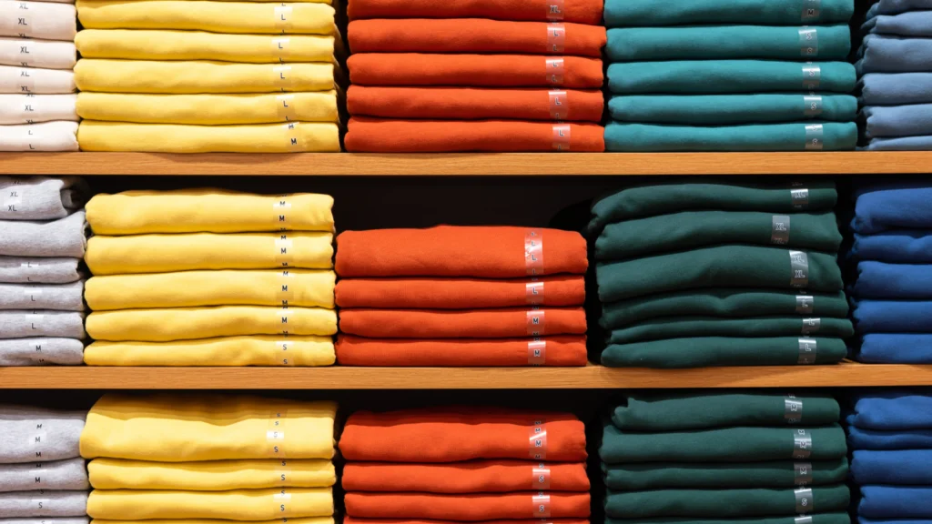 Gildan sweatshirt sizing guide Stacks of neatly folded Gildan sweatshirts in yellow, orange, green, and blue are arranged on wooden shelves.