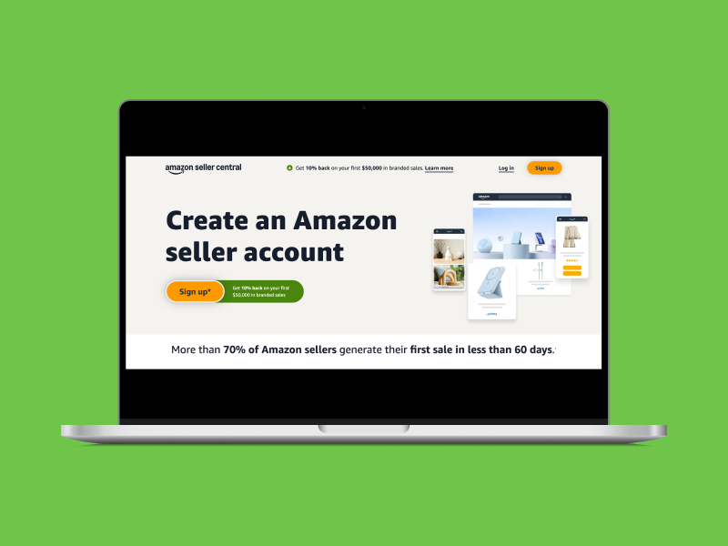 Create a professional seller account Amazon Seller Central homepage hero section screenshot.