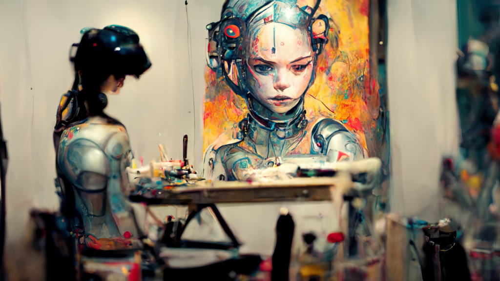 An AI-generated image of a robot creating art.