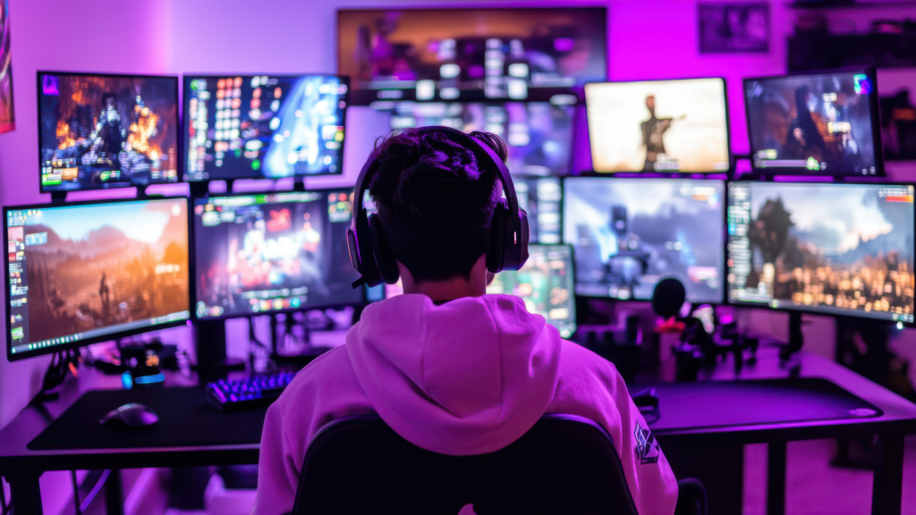 A person seated at a desk, focused on multiple computer monitors displaying various video games.