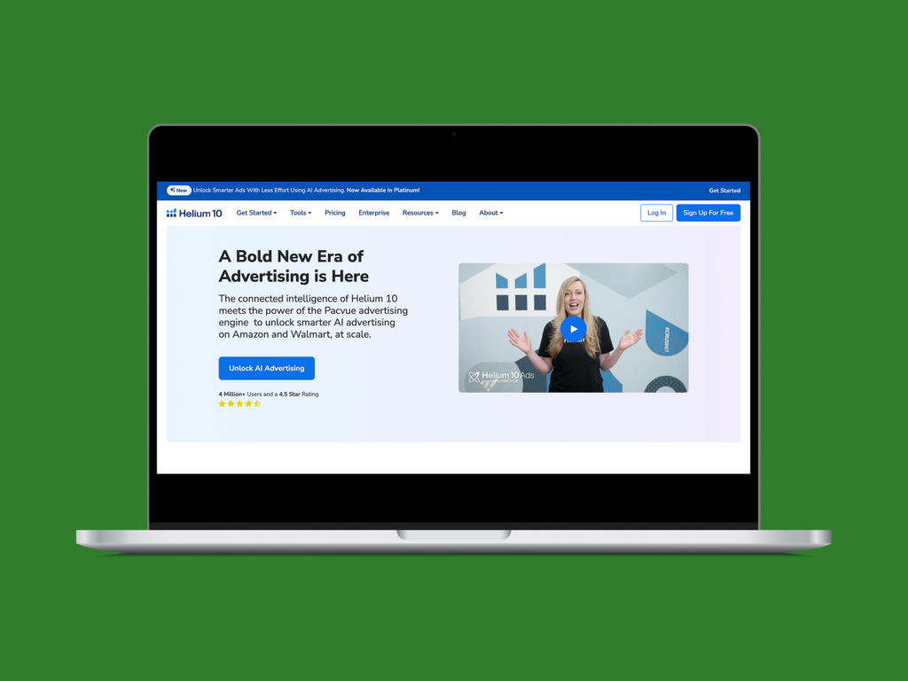 Helium10 homepage hero section screenshot mockup.
