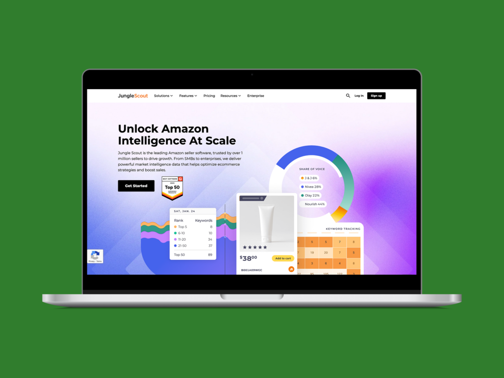 Jungle Scout homepage hero section screenshot mockup.