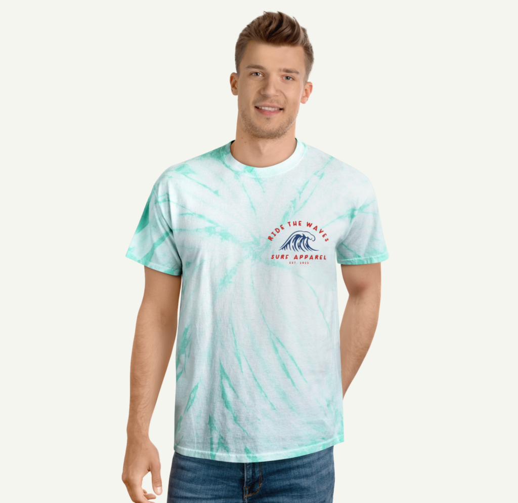 Add a logo A man wearing a tie-dye t-shirt with a chest logo print.
