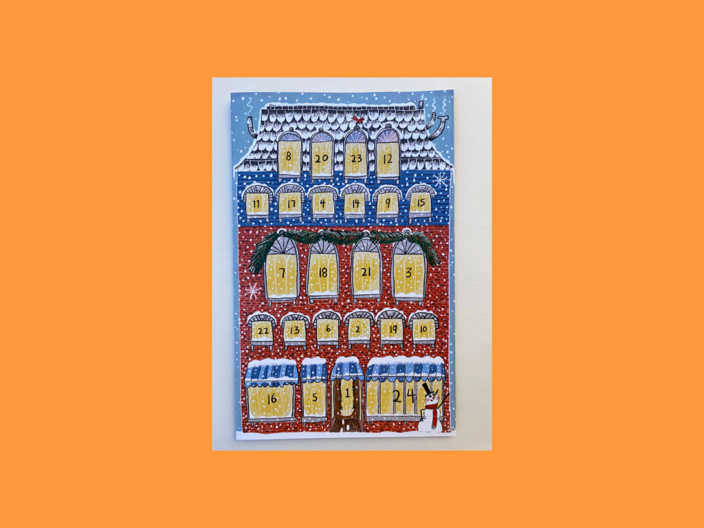 Advent calendar greeting card themes A festive Christmas card depicting a building blanketed in snow, set against a serene winter backdrop.