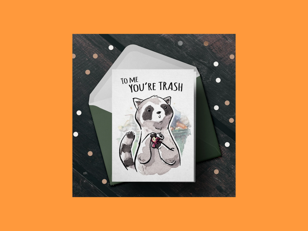 Cheeky birthday cards with animal jokes A greeting card with a raccoon illustration on it.