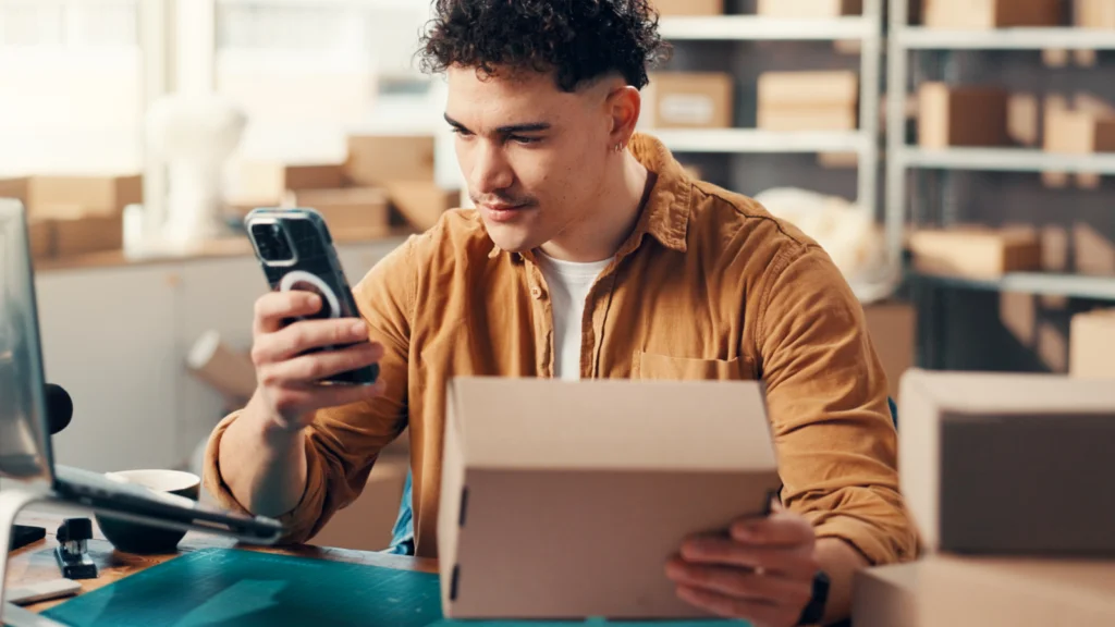 A man in a brown shirt is in a workspace, holding a smartphone and looking at a cardboard box.