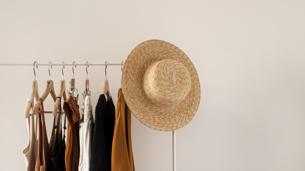 Clothing Dropshipping business ideas A rack filled with assorted clothes and a hat placed on it.