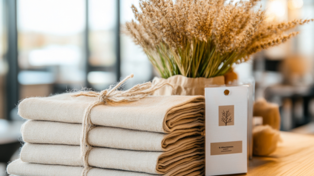 Eco friendly products Dropshipping business ideas A stack of soft linen towels folded neatly on a table surface.