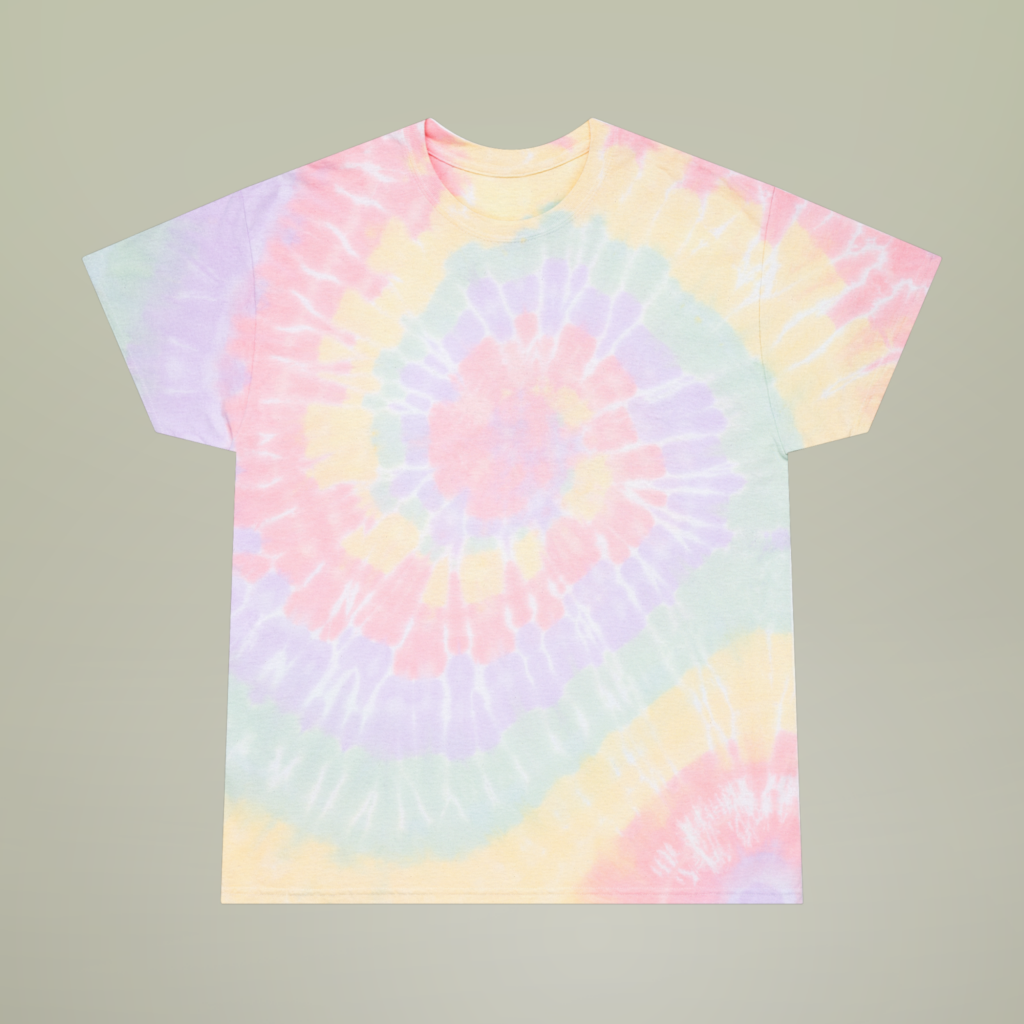Light yellow purple green and pink Light yellow, purple, green, and pink tie-dye t-shirt.