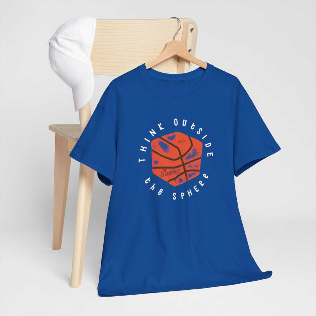 Orange and blue A blue “Think outside the sphere” t-shirt on a hanger.