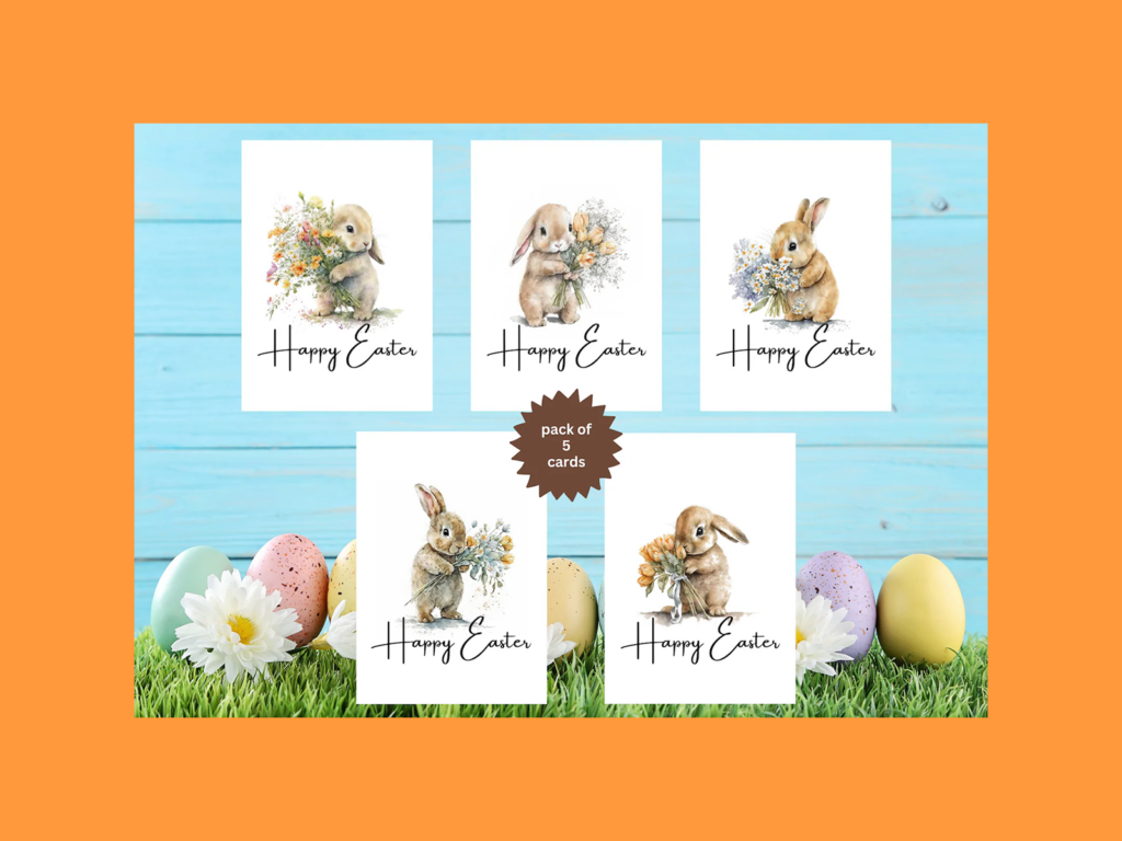 Pretty card designs with cute Easter essentials Easter-themed greeting cards with a text “happy easter” on them.
