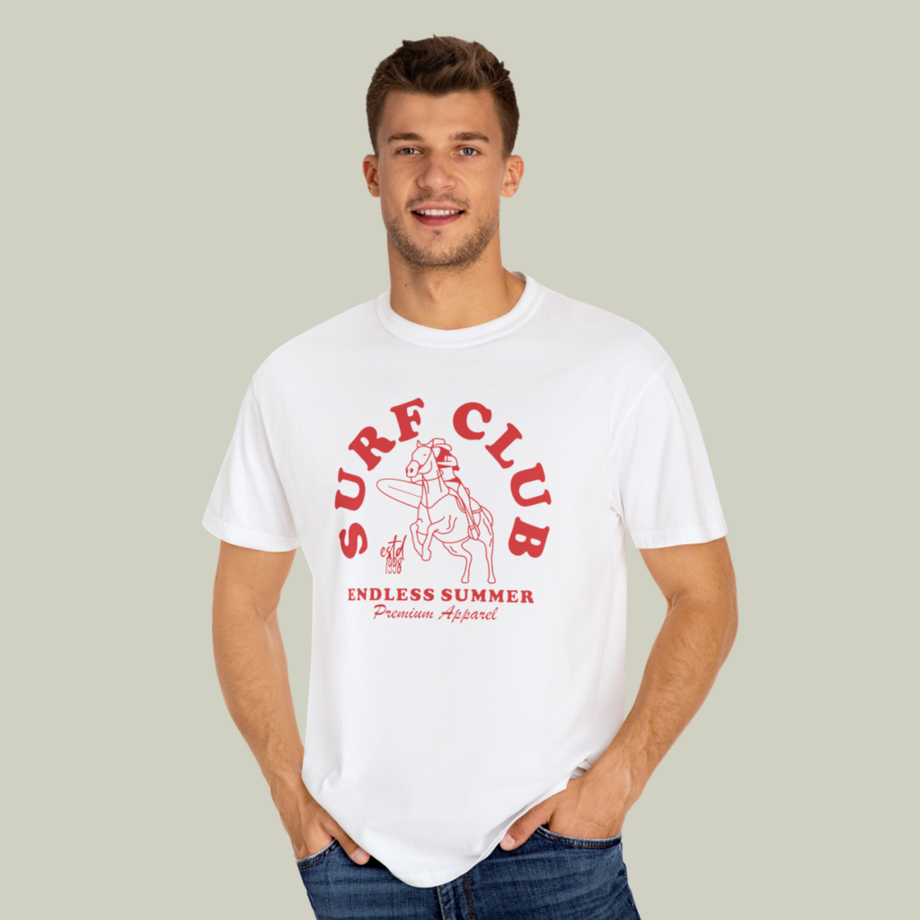 Red and white A man wearing a white “Surf club” t-shirt on a light olive green background.