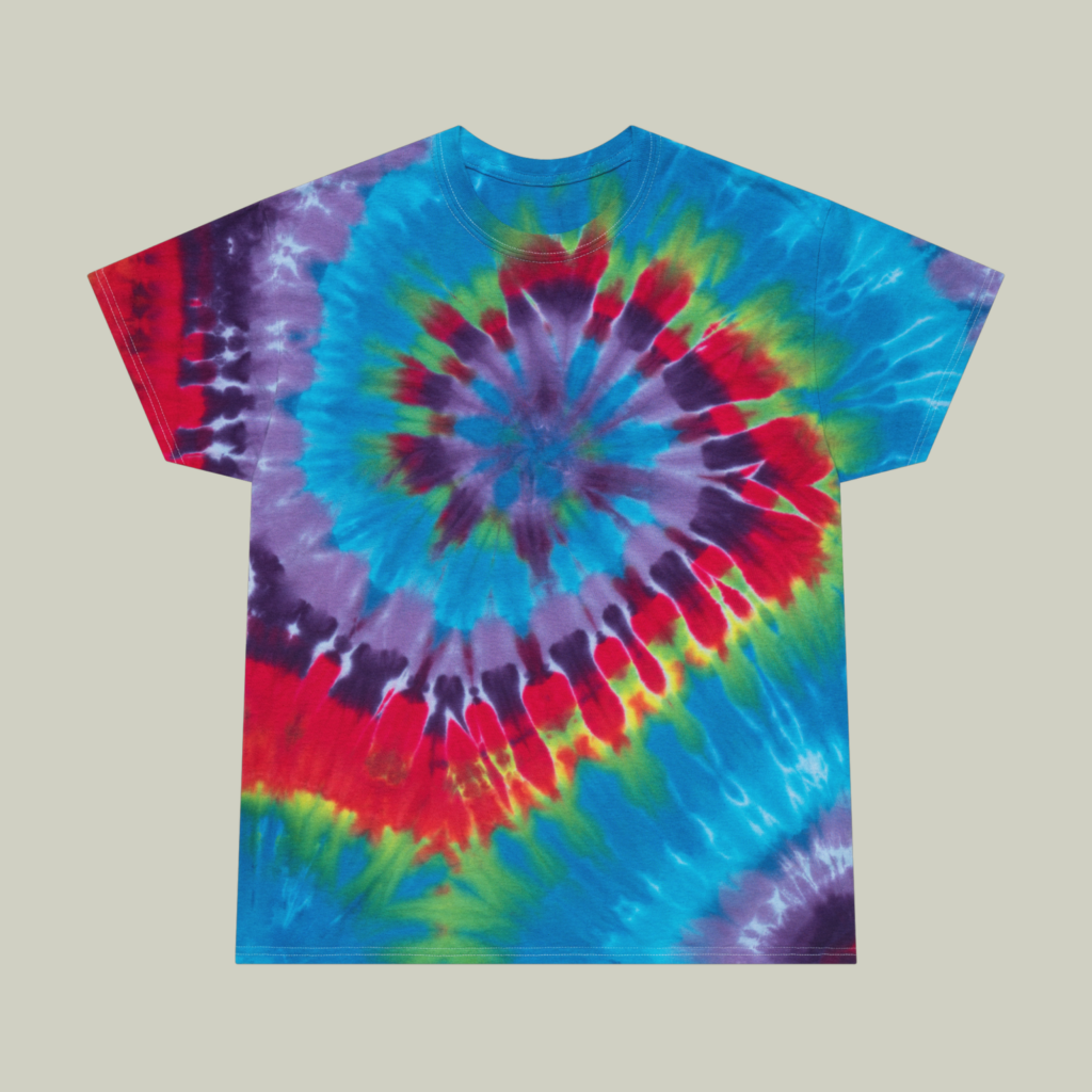 Red purple blue yellow and green Red, purple, blue, yellow, and green tie-dye t-shirt.