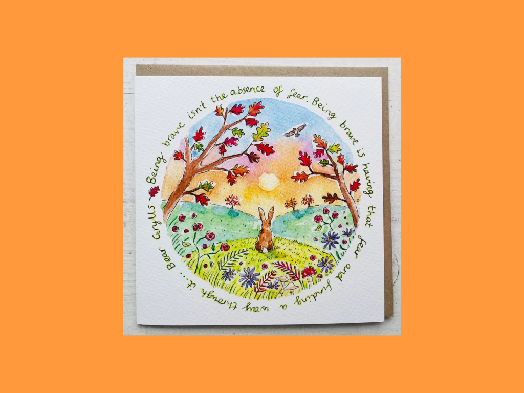 Sunrise and nature inspired cards A spring-themed greeting card with bright colors and a text.