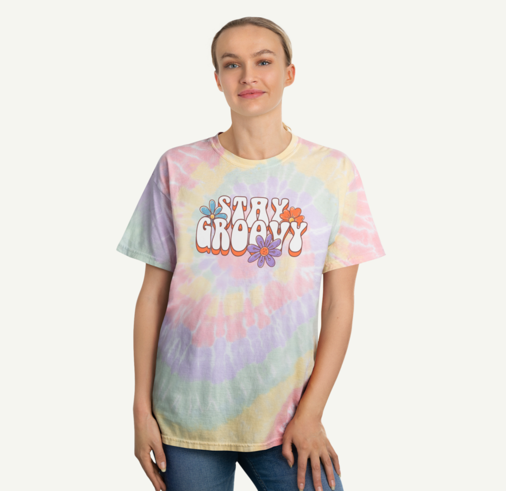 Use fonts A woman wearing a tie-dye shirt with a text print.