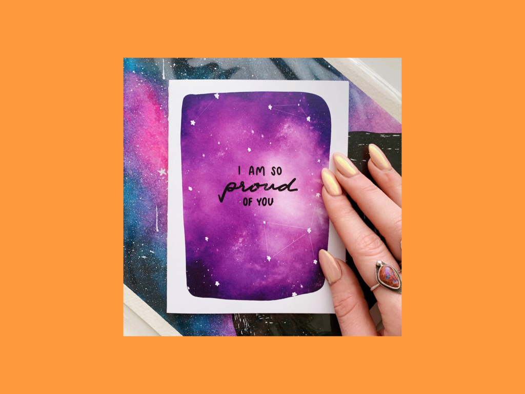 Watercolor galaxy quote cards A galaxy themed greeting card.