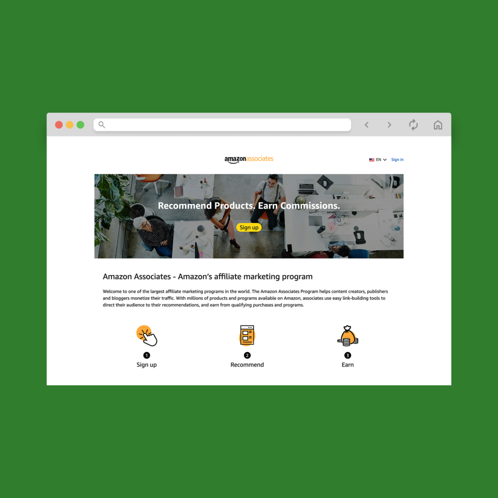 Affiliate networks youll love A screenshot mockup of the Amazon Associates page hero section.