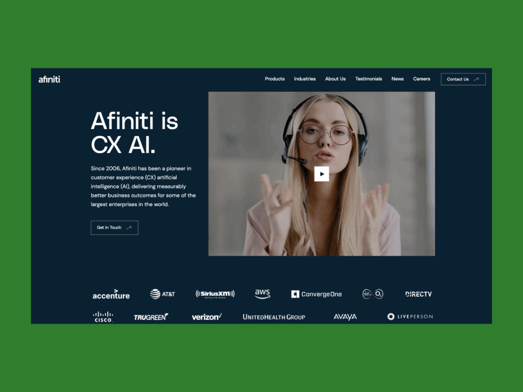 Afiniti A screenshot of the landing page of the Afiniti landing page.